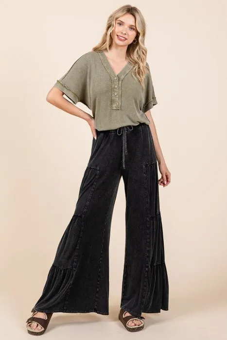 Black Mineral Wash Tiered  Boho Wide Leg Pants