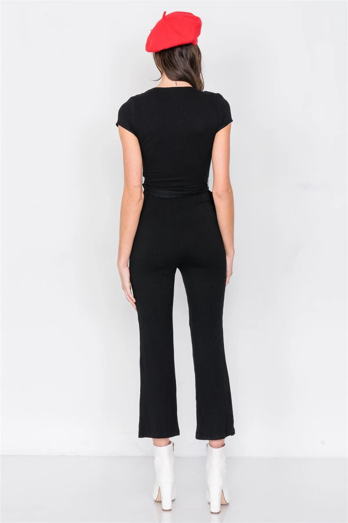 Black Ribbed Casual Maxi V-Neck Jumpsuit