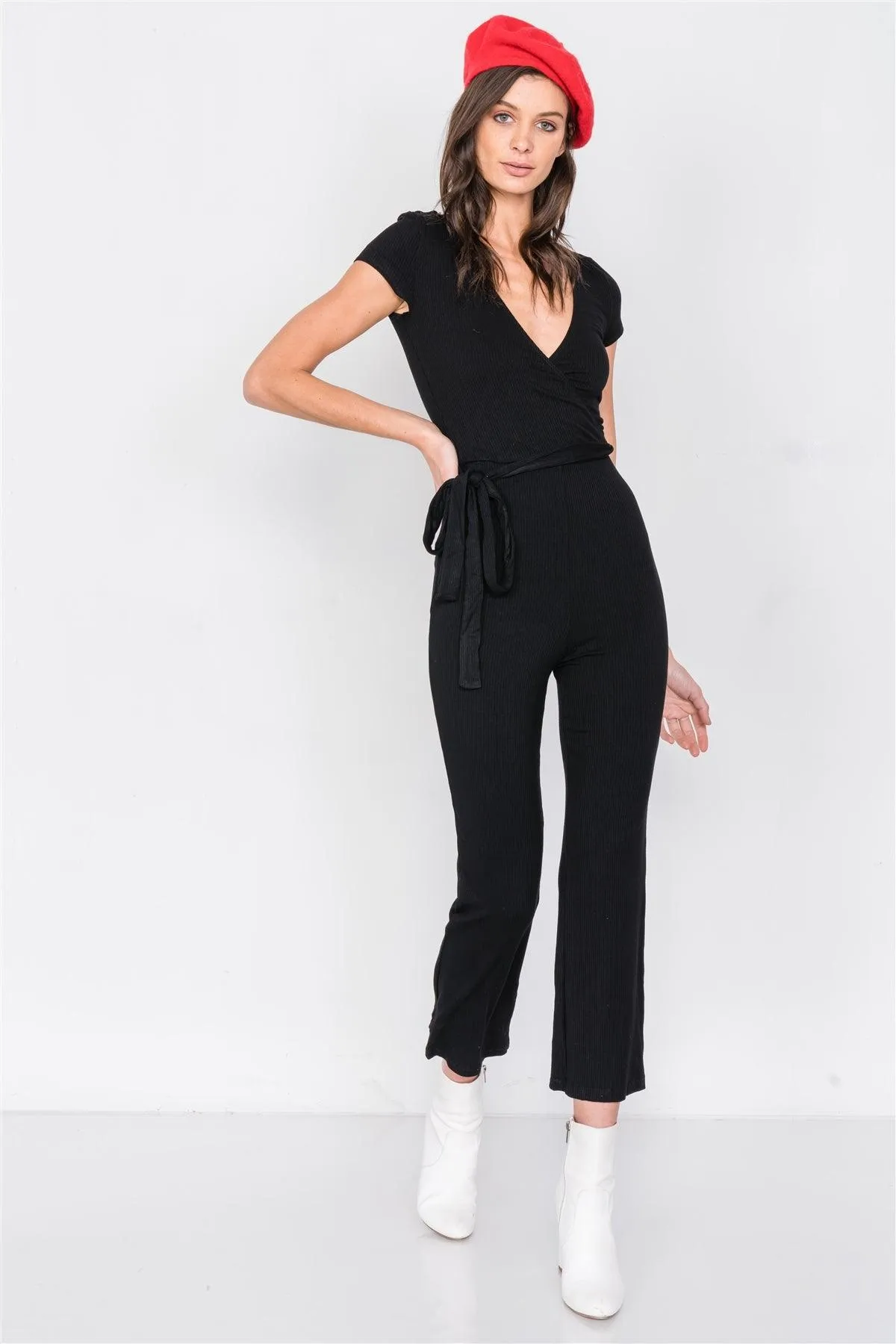 Black Ribbed Casual Maxi V-Neck Jumpsuit