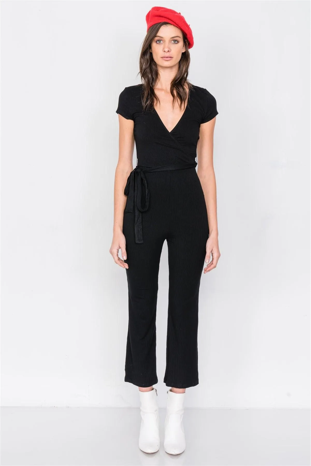 Black Ribbed Casual Maxi V-Neck Jumpsuit