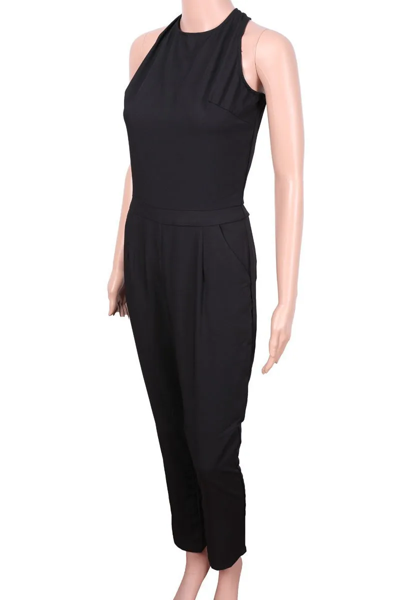 Black Scoop Sleeveless Hollow Out Back Long Jumpsuit