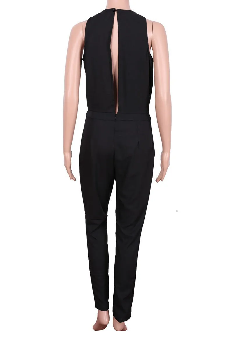 Black Scoop Sleeveless Hollow Out Back Long Jumpsuit