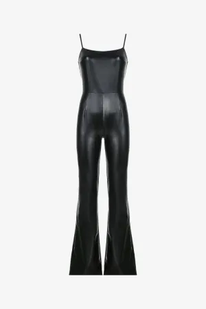 Black Sleeveless Bell Bottom Leather Jumpsuit