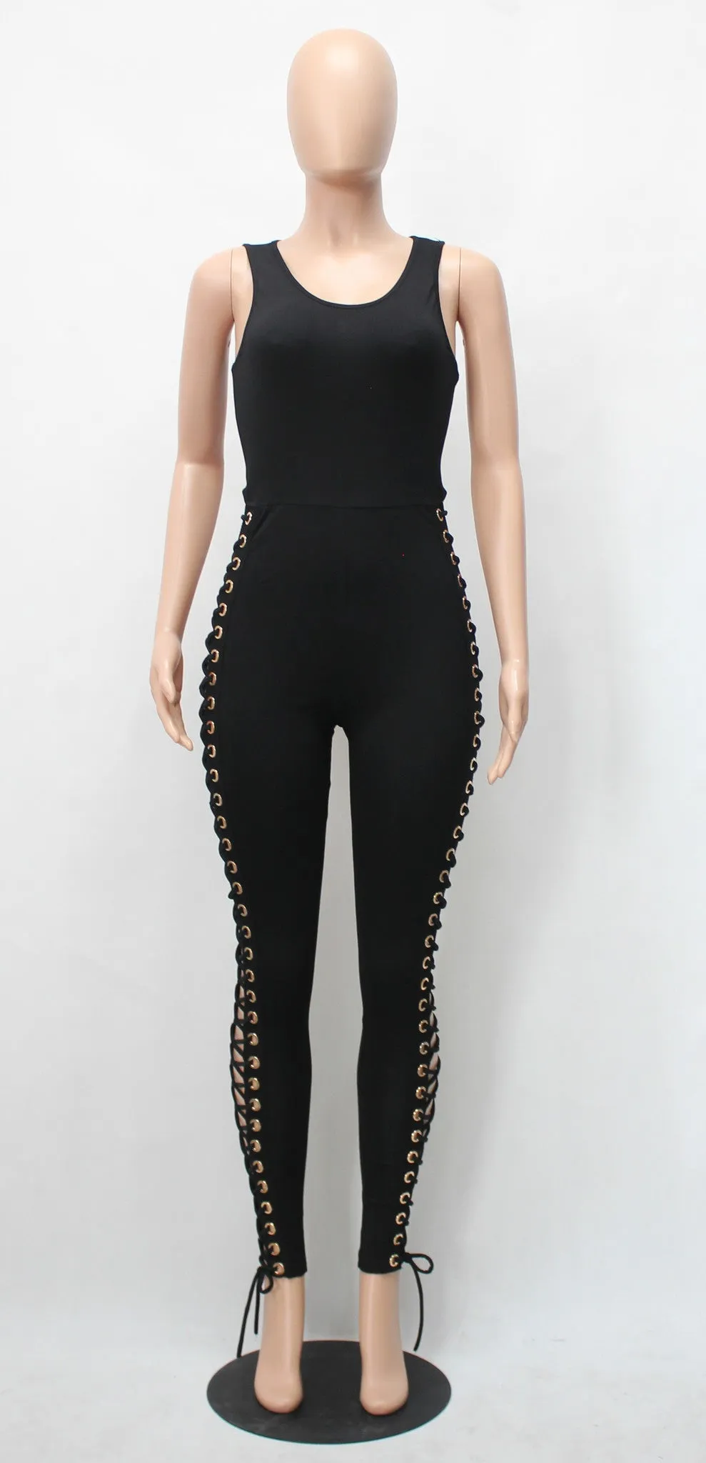 Black Sleeveless Hollow Out Leg Slim Long Jumpsuit