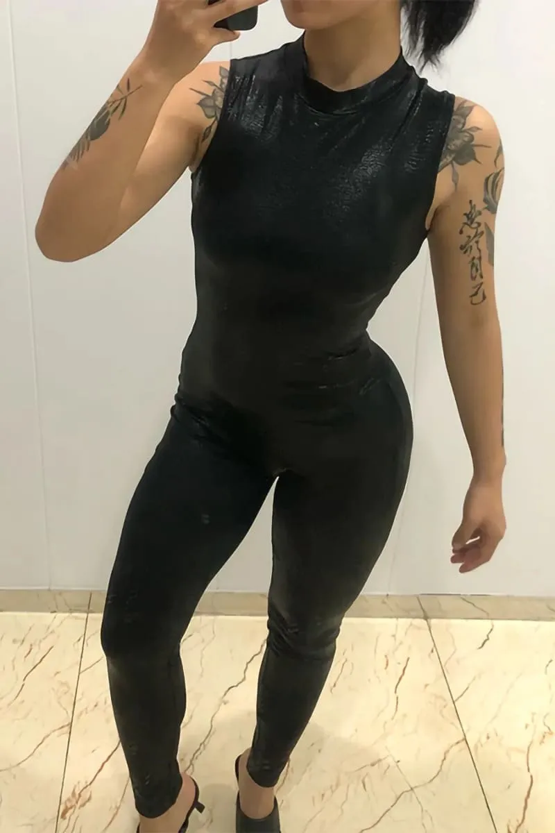 Black Sleeveless Turtleneck Snakeskin Leather Jumpsuit