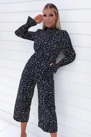 Black Spotty High Neck Elastic Jumpsuit