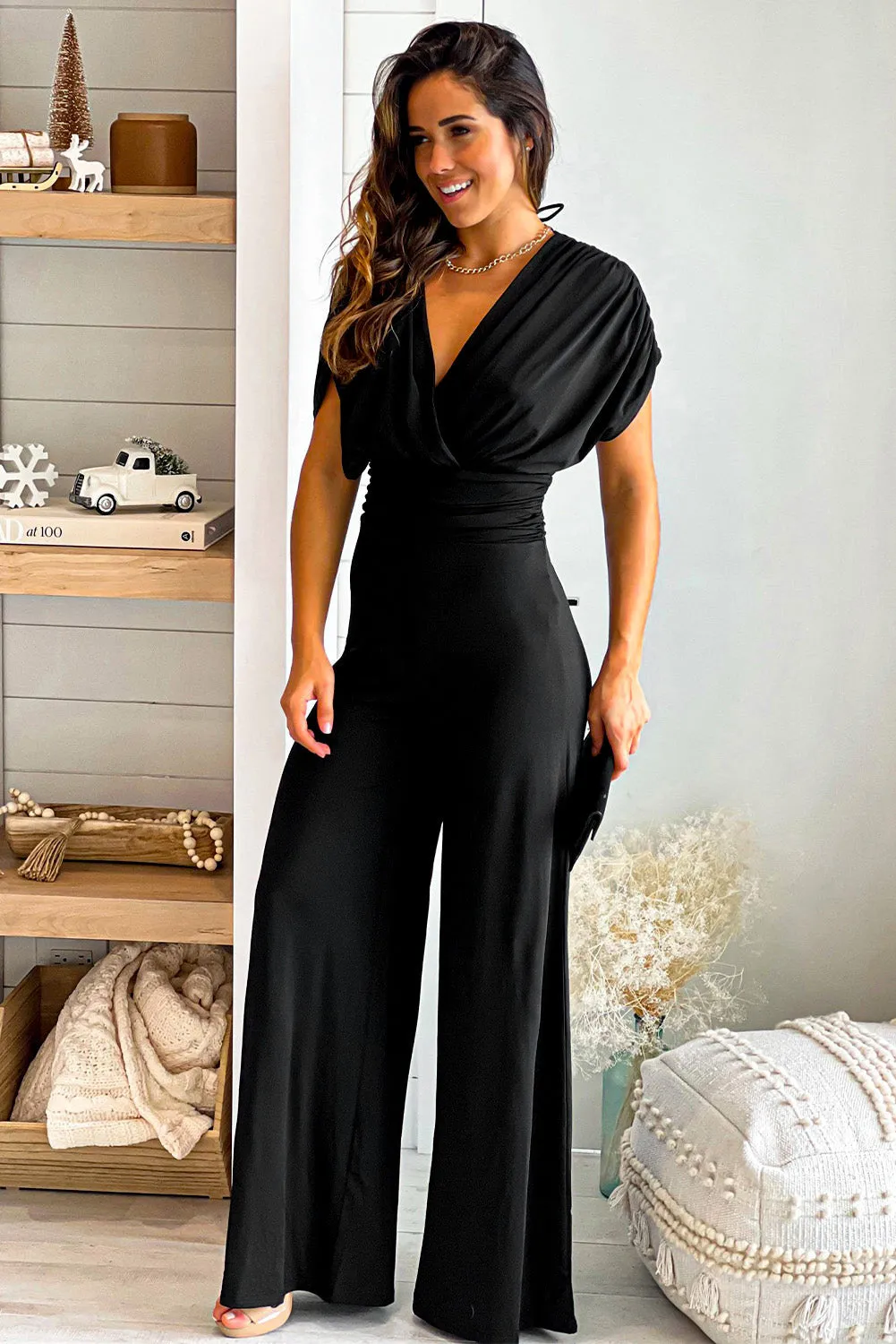 Black V-Neck Dolman Sleeves Jumpsuit