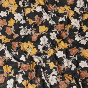 Black viscose crepe printed fabric with multi colour prints and metallic lurex in floral design-D11163