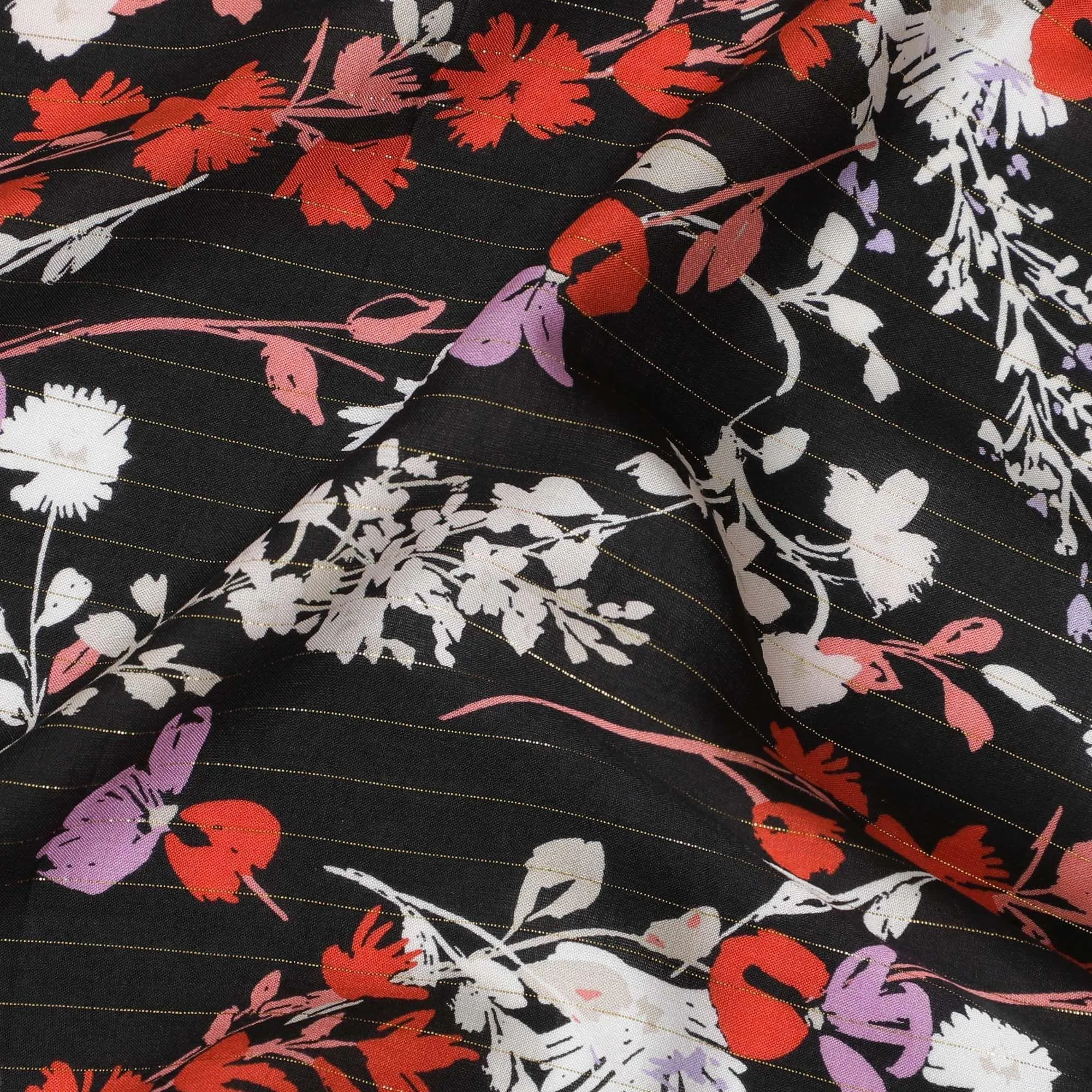 Black viscose crepe printed fabric with multi colour prints and metallic lurex in floral design-D11164