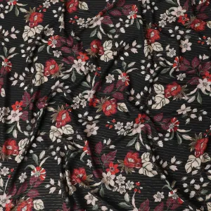 Black viscose crepe printed fabric with multi colour prints and metallic lurex in floral design-D11165