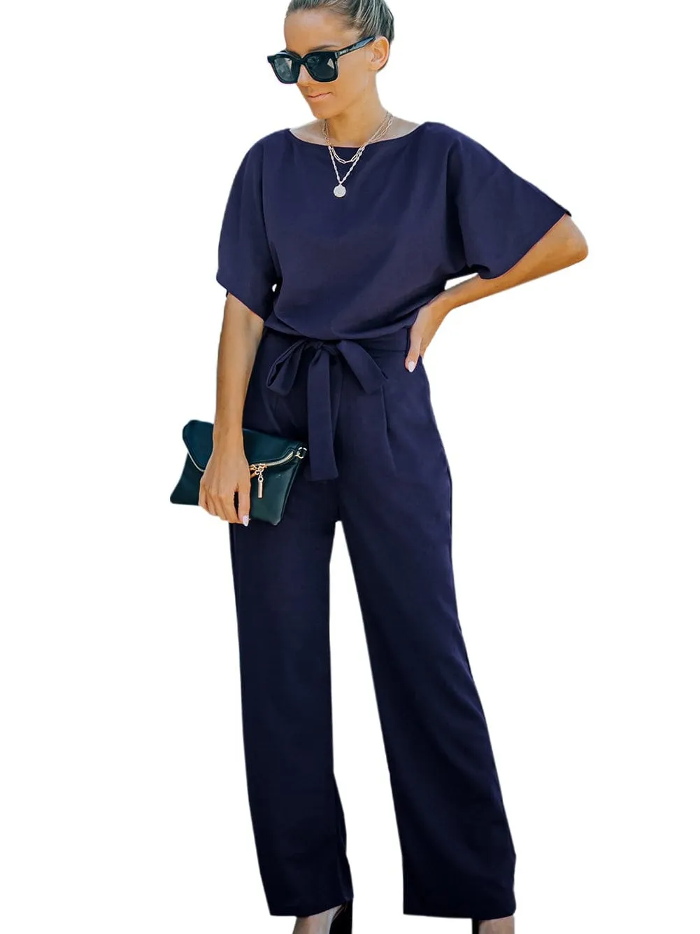 Blue Chic Tie-Waist Wide Leg Jumpsuit