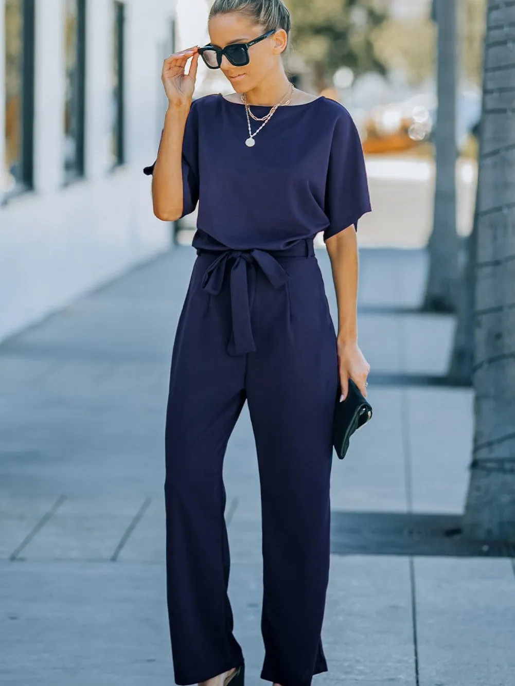 Blue Chic Tie-Waist Wide Leg Jumpsuit