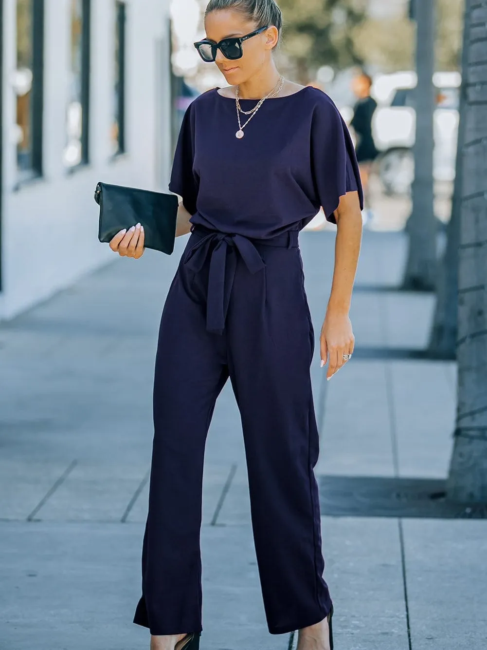 Blue Chic Tie-Waist Wide Leg Jumpsuit