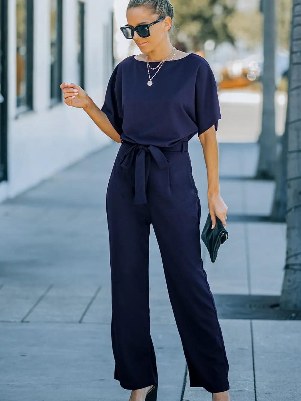 Blue Chic Tie-Waist Wide Leg Jumpsuit