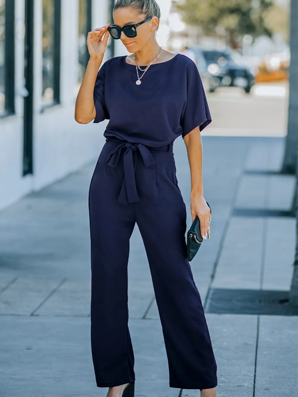 Blue Chic Tie-Waist Wide Leg Jumpsuit