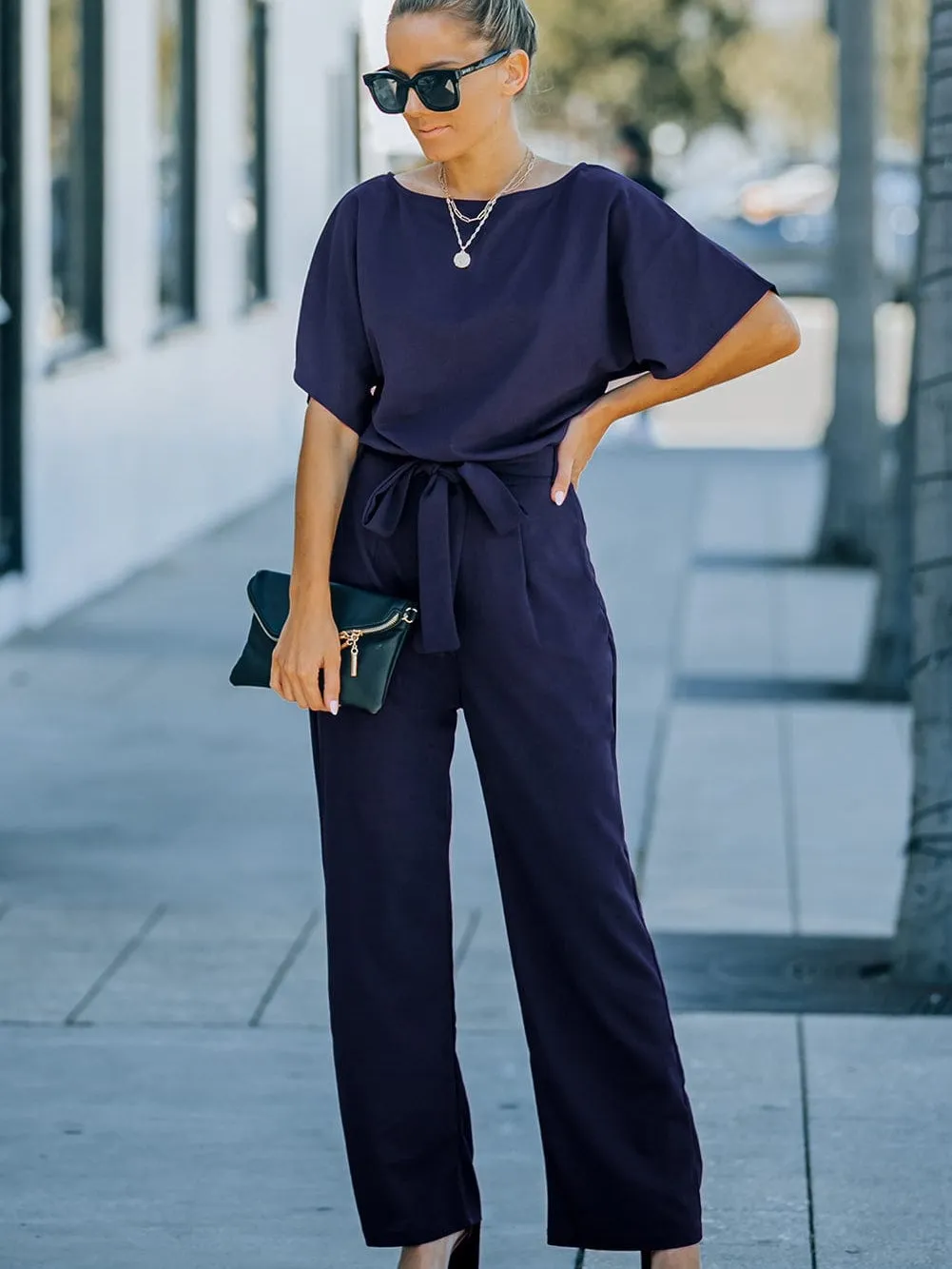 Blue Chic Tie-Waist Wide Leg Jumpsuit