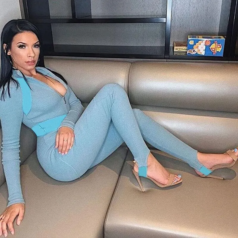 Blue Long Sleeves Skinny Zipper Jumpsuits