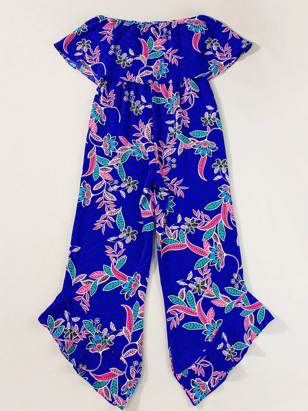 Blue Mix Tropical Print Strapless Ruffled Jumpsuit with Flouncy Ruffle Bib