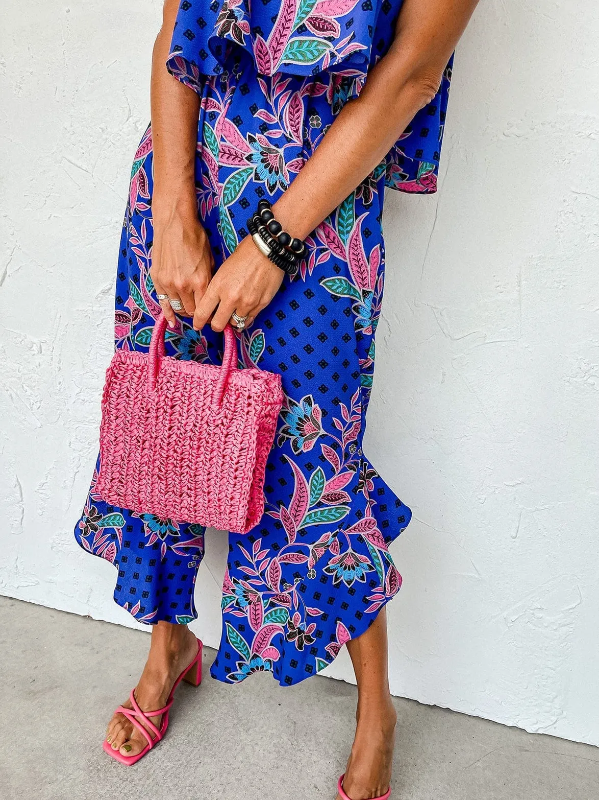 Blue Mix Tropical Print Strapless Ruffled Jumpsuit with Flouncy Ruffle Bib