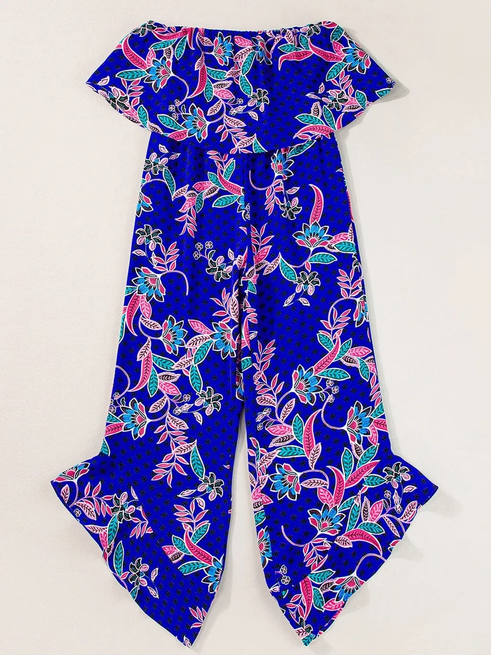 Blue Mix Tropical Print Strapless Ruffled Jumpsuit with Flouncy Ruffle Bib