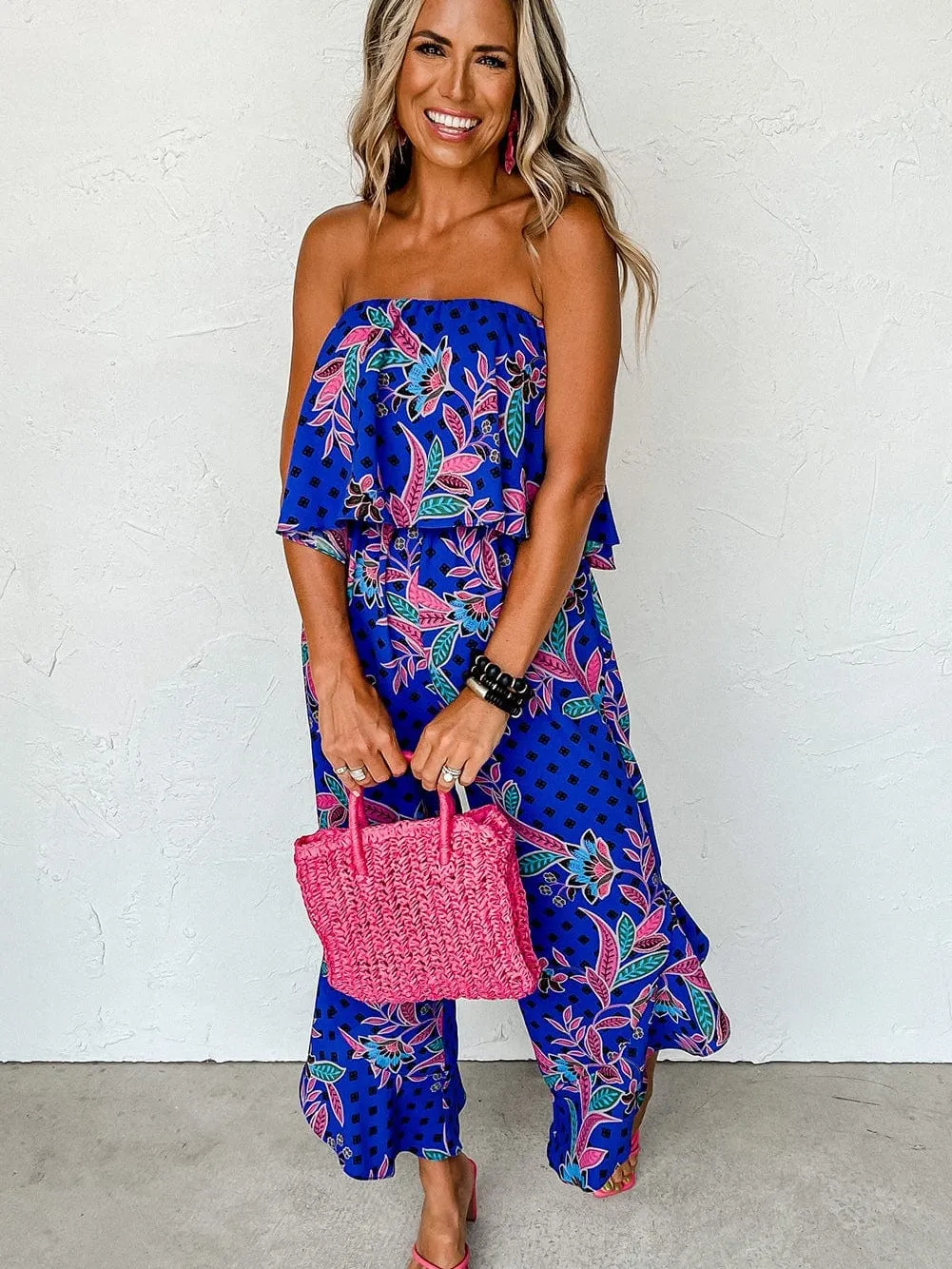 Blue Mix Tropical Print Strapless Ruffled Jumpsuit with Flouncy Ruffle Bib