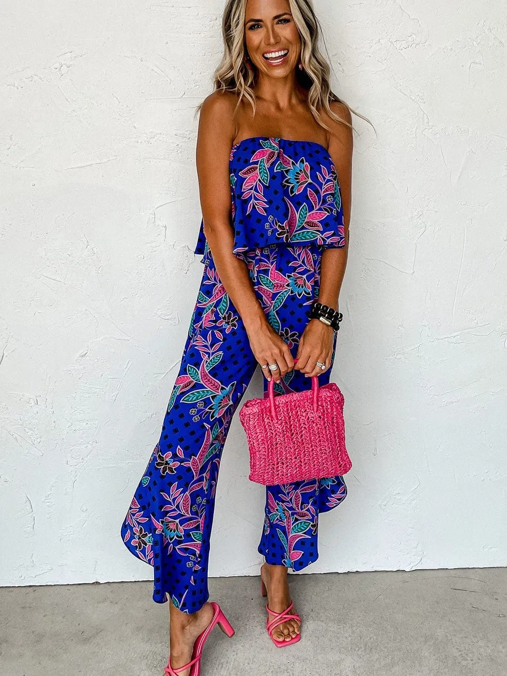 Blue Mix Tropical Print Strapless Ruffled Jumpsuit with Flouncy Ruffle Bib