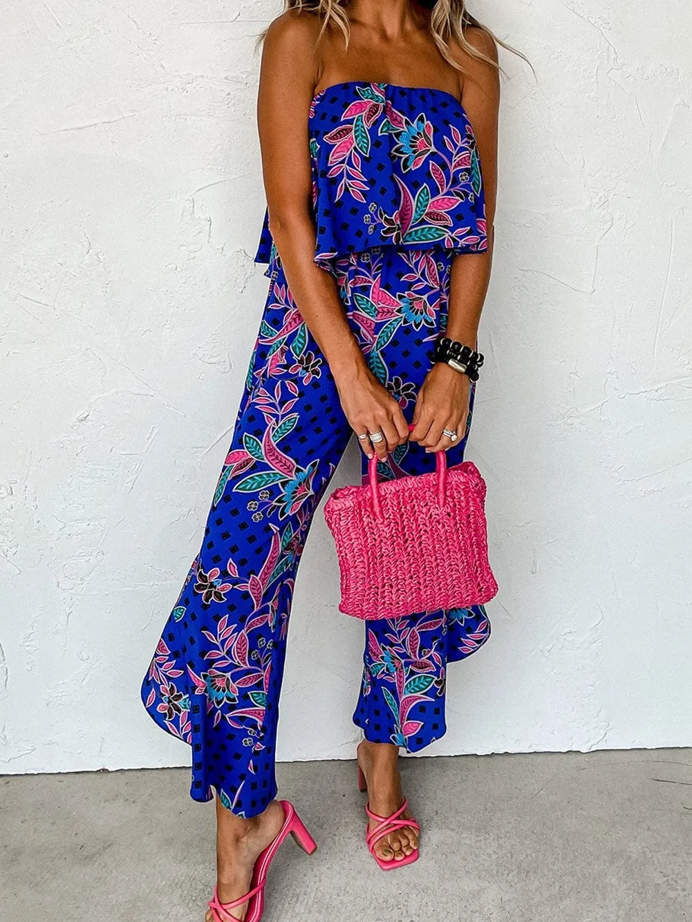 Blue Mix Tropical Print Strapless Ruffled Jumpsuit with Flouncy Ruffle Bib