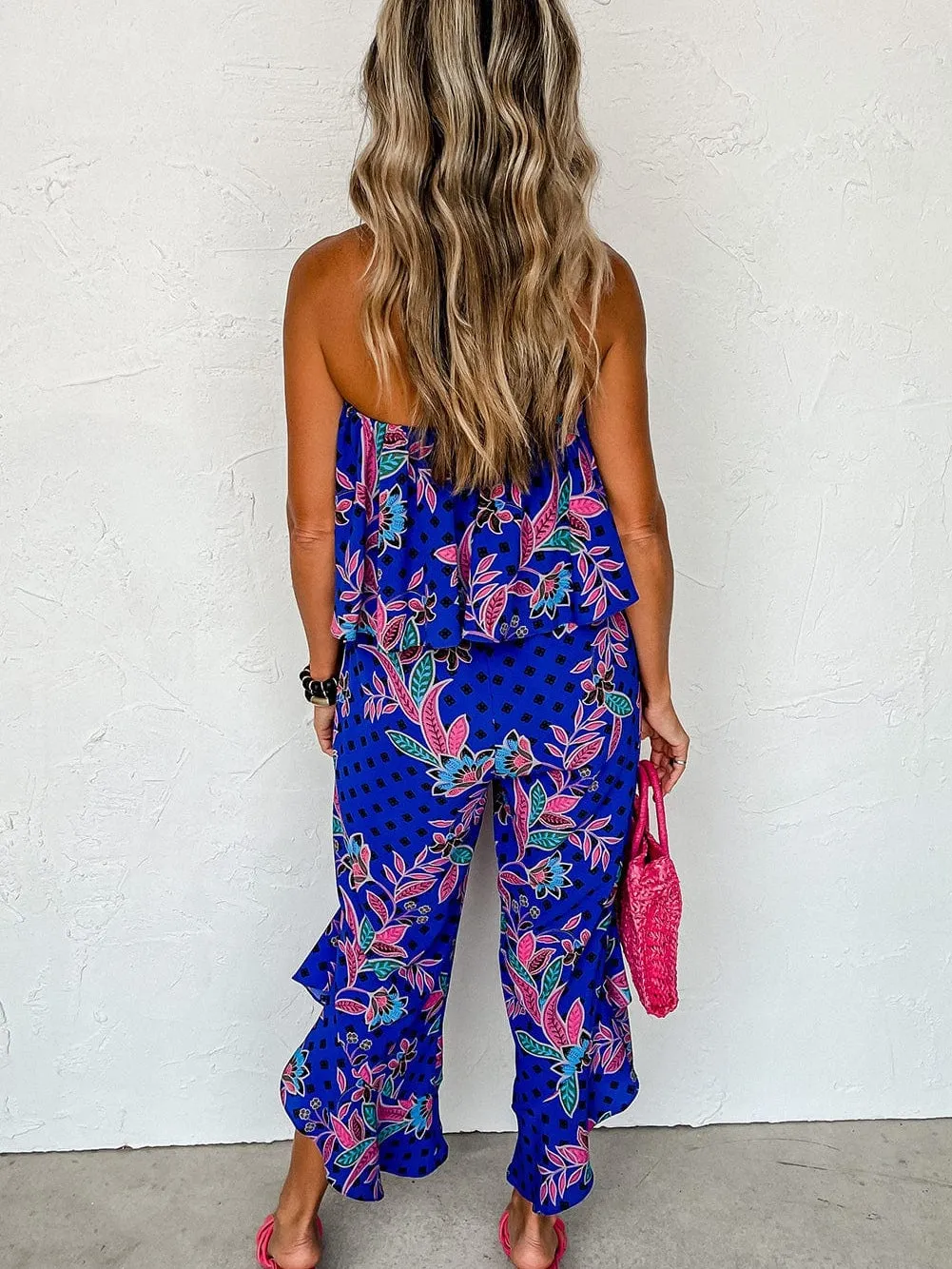 Blue Mix Tropical Print Strapless Ruffled Jumpsuit with Flouncy Ruffle Bib