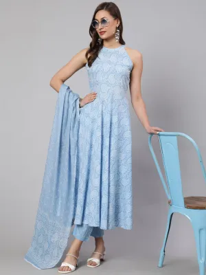 Blue Printed Halter Neck Kurta With Printed Pants And  Dupatta