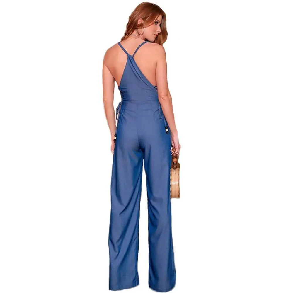 Blue Sleeveless Halter Wide Leg Backless Strapless Denim Jumpsuits