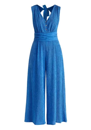 Blue Textured Back-Tie Jumpsuit