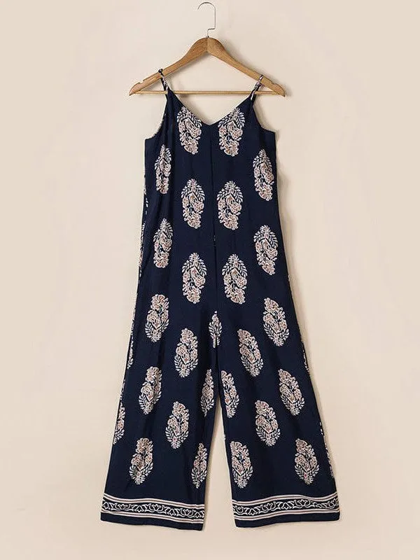 Bohemian Blue Viscose Jumpsuit With Wide-Leg Trousers