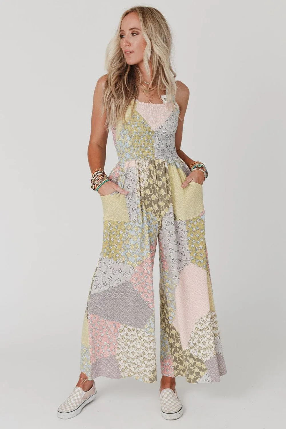 Bohemian Chic Smocked Patchwork Jumpsuit with Multicolor Floral Print