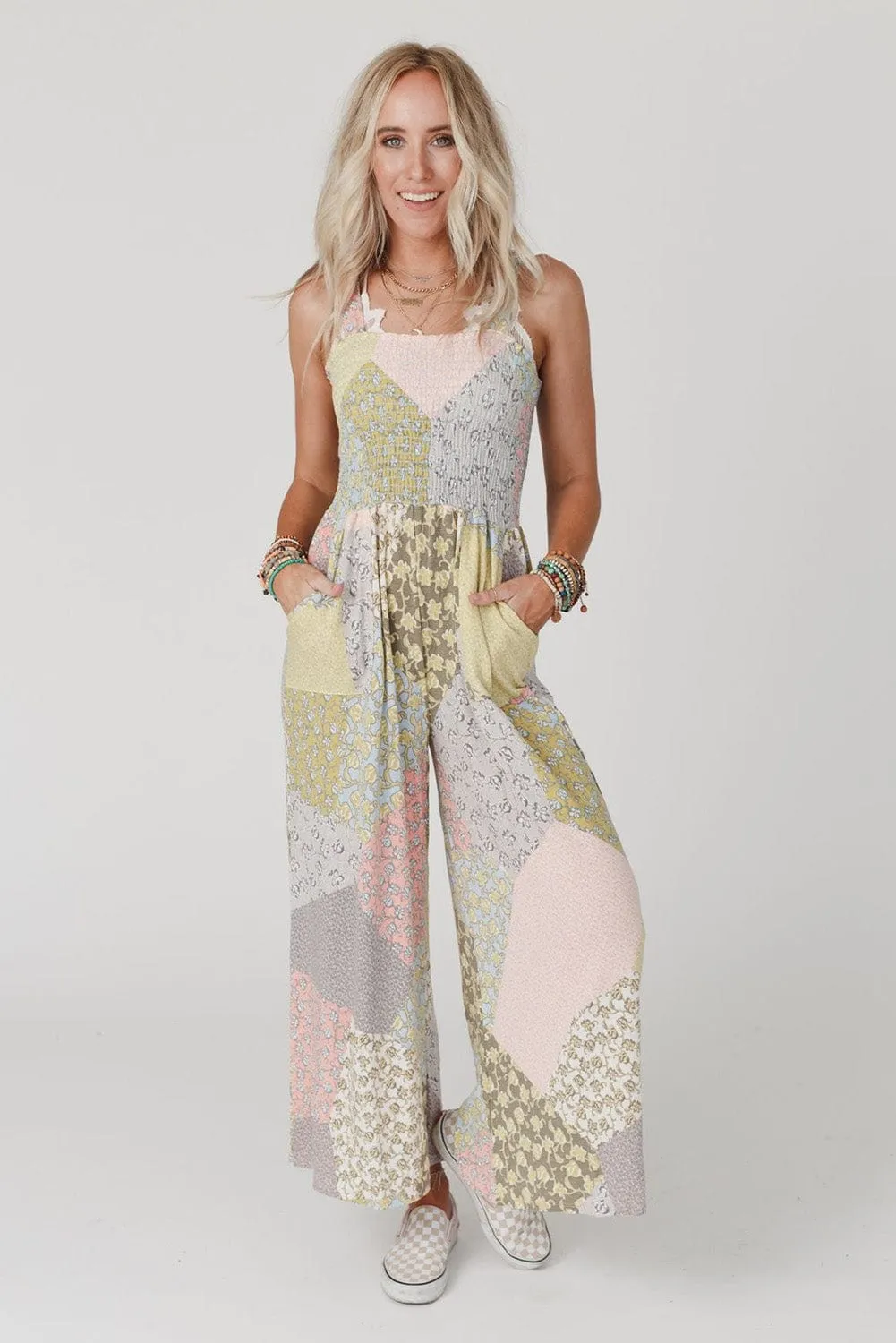 Bohemian Chic Smocked Patchwork Jumpsuit with Multicolor Floral Print