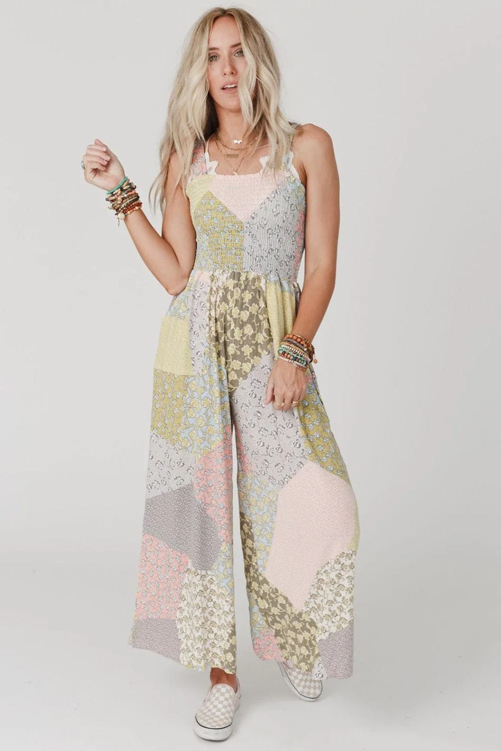 Bohemian Chic Smocked Patchwork Jumpsuit with Multicolor Floral Print