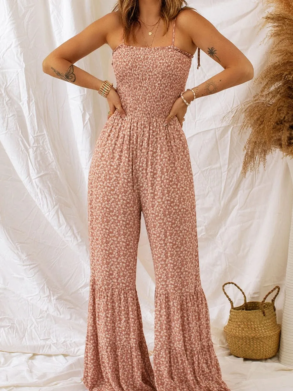 Boho Chic Floral Smocked Wide Leg Jumpsuit