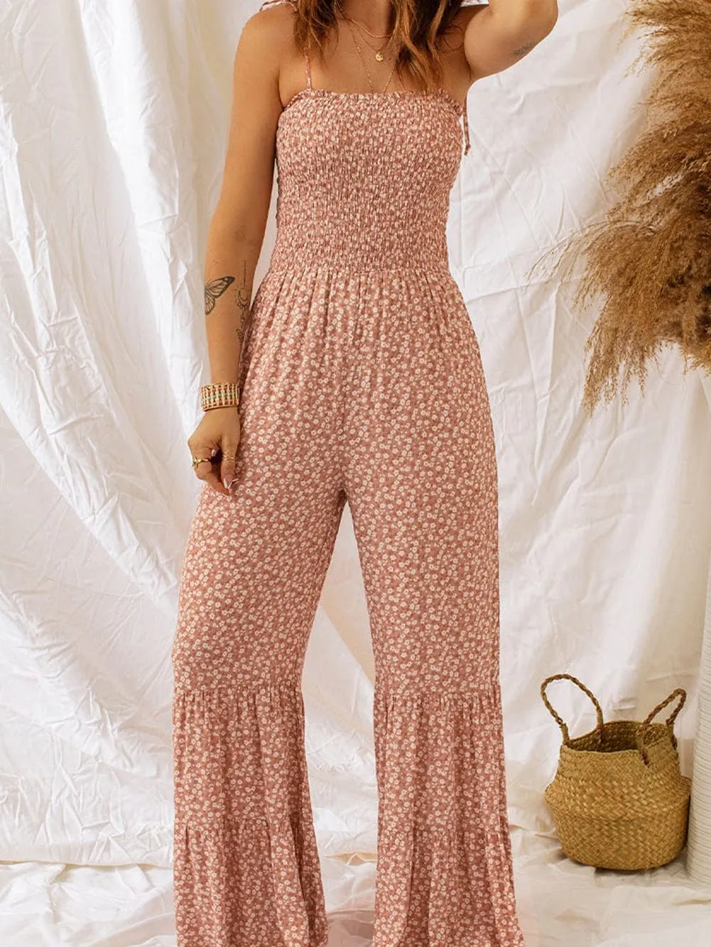 Boho Chic Floral Smocked Wide Leg Jumpsuit