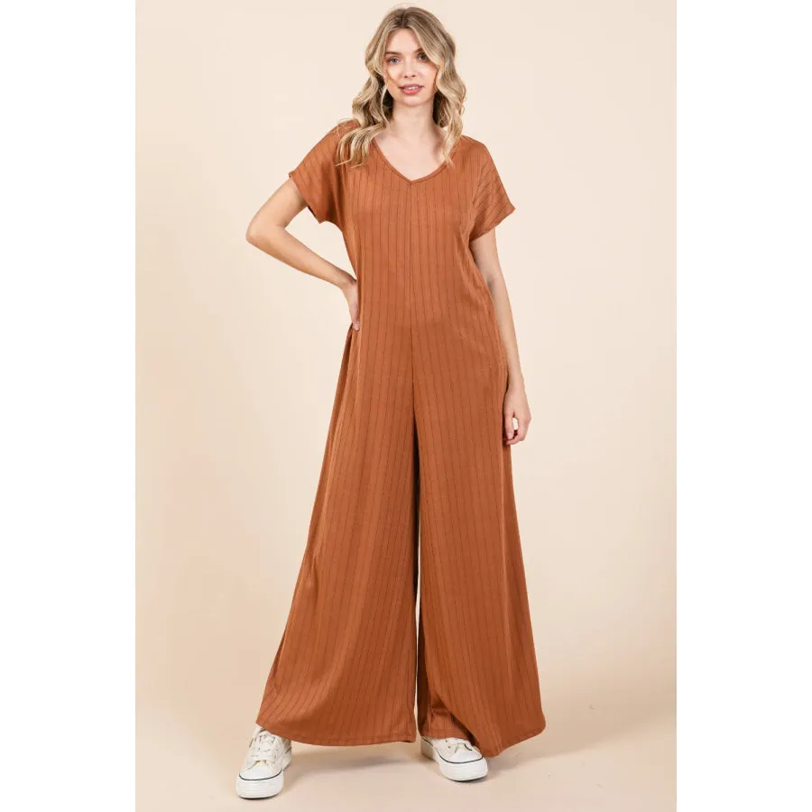 BOMBOM Ribbed Short Sleeve Wide Leg Jumpsuit