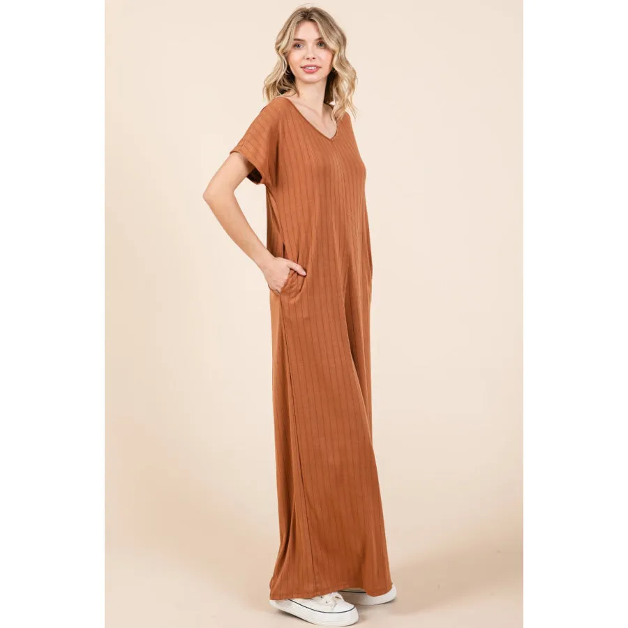 BOMBOM Ribbed Short Sleeve Wide Leg Jumpsuit