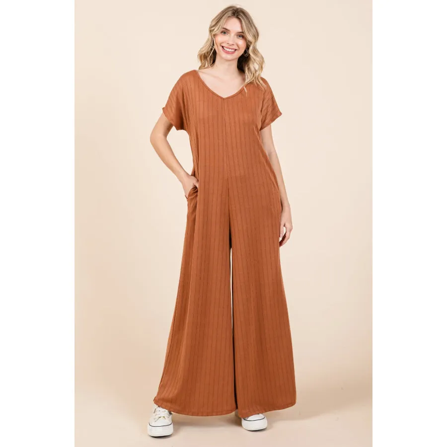 BOMBOM Ribbed Short Sleeve Wide Leg Jumpsuit