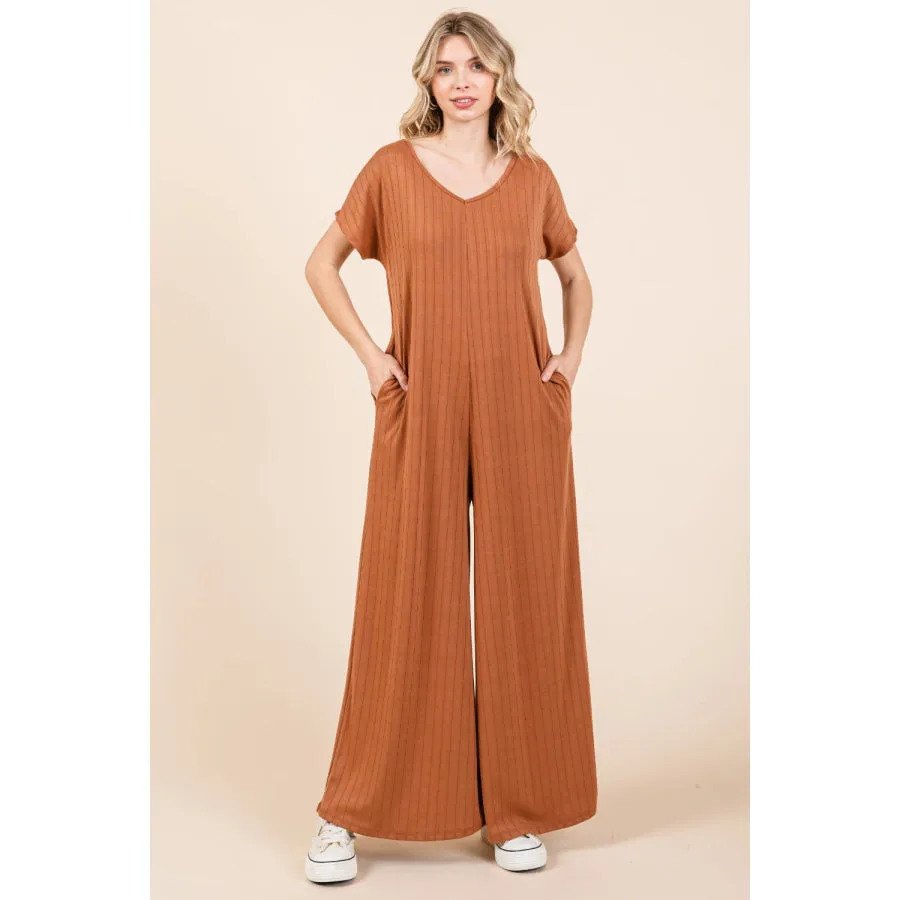 BOMBOM Ribbed Short Sleeve Wide Leg Jumpsuit