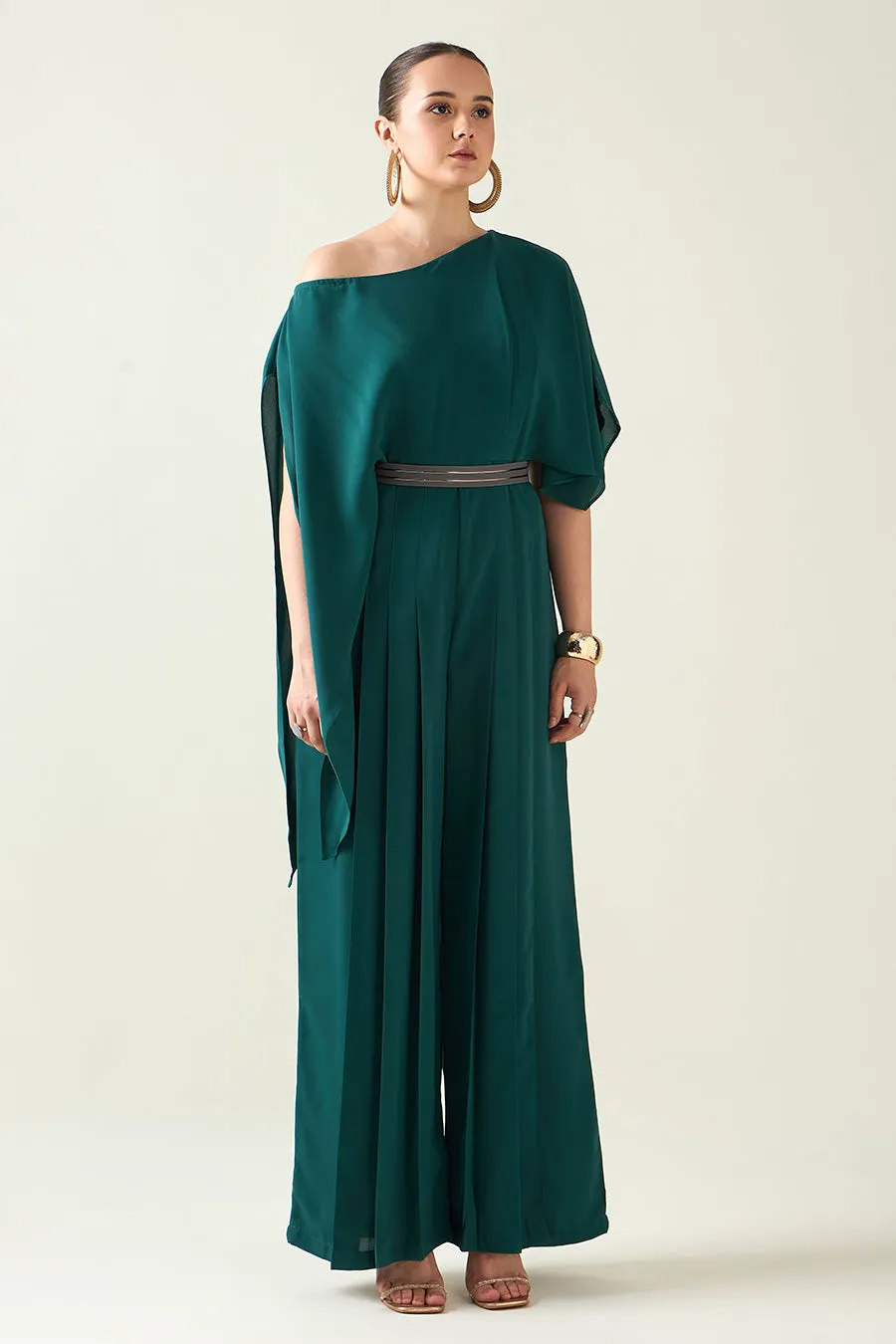 Bottle Green Jumpsuit With Metallic Finish Belt