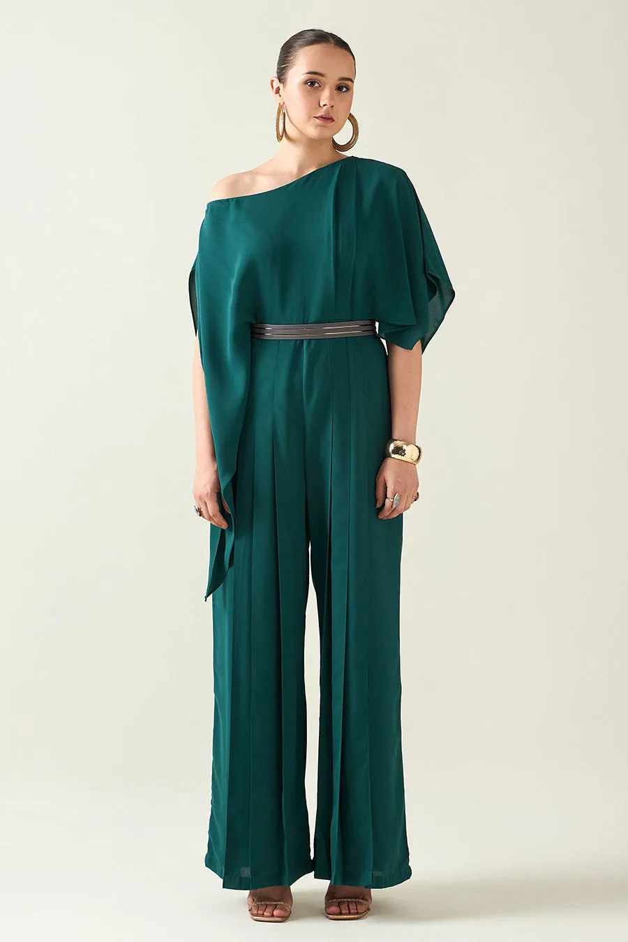 Bottle Green Jumpsuit With Metallic Finish Belt