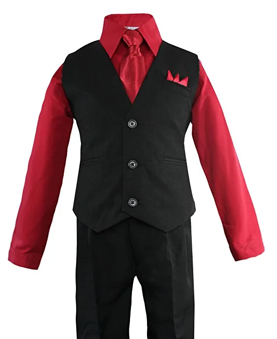 Boys Vest Pants Solid  5 Piece Set With Shirt And Tie -Black / Red