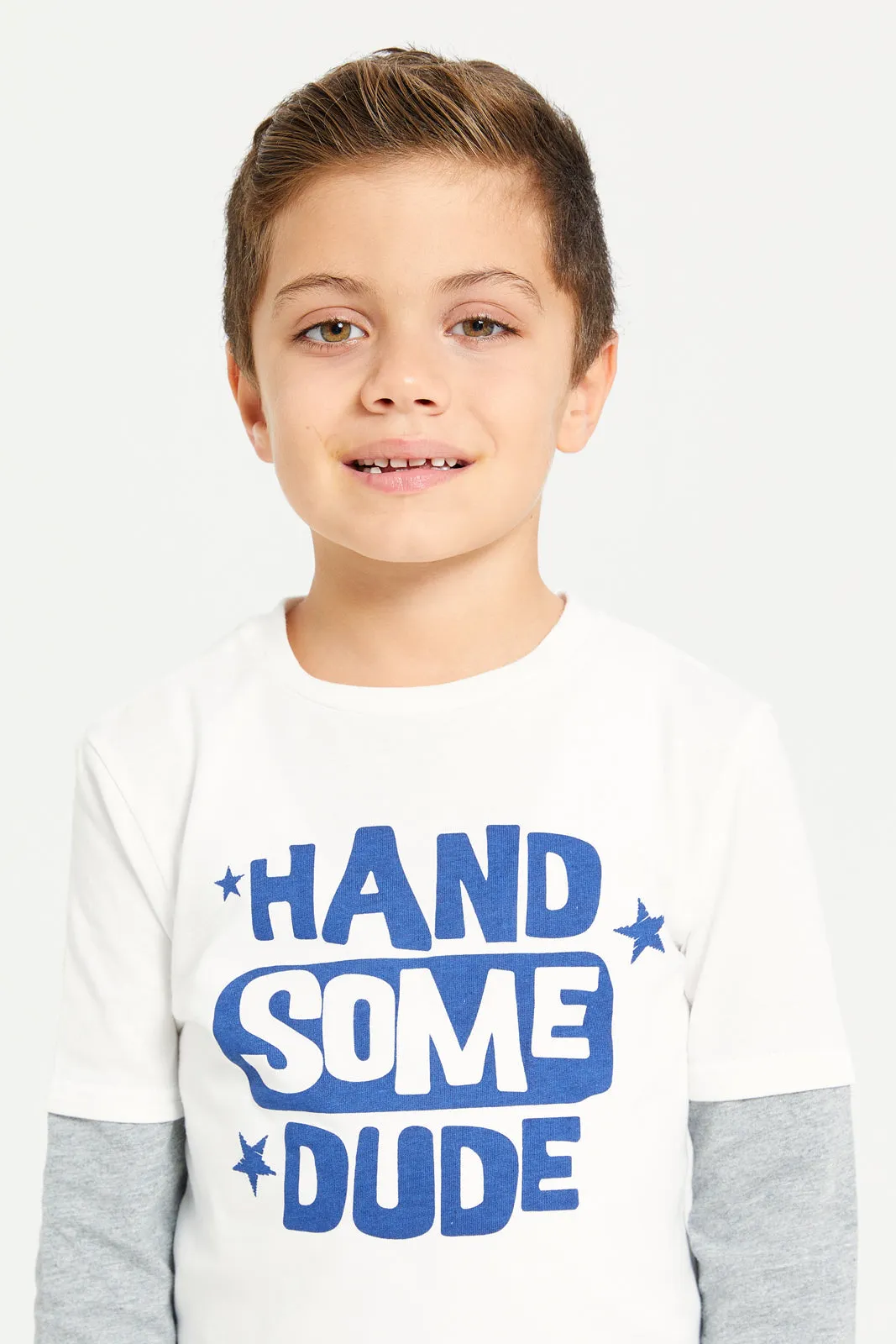 Boys White And Blue Handsome Print T-Shirt