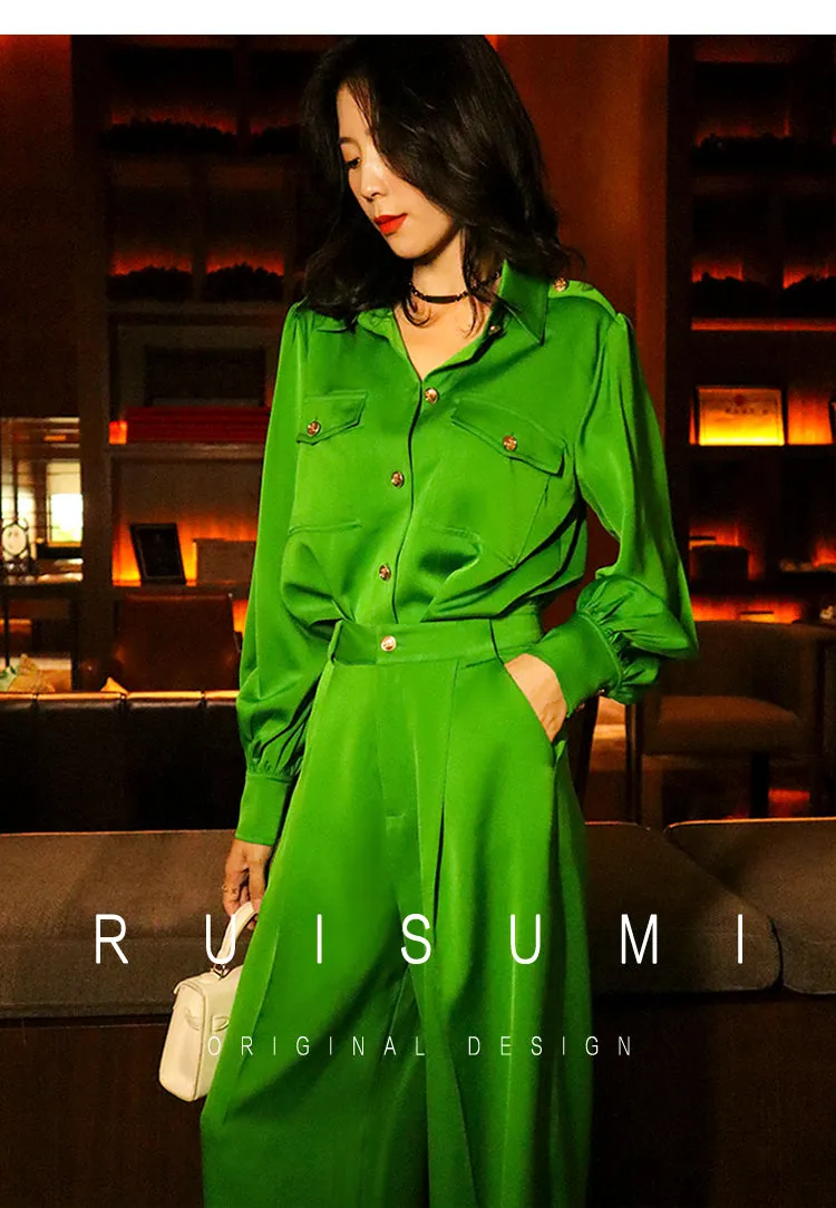 Bright Green gorgeous long sleeve with satin jumpsuit- Dilia