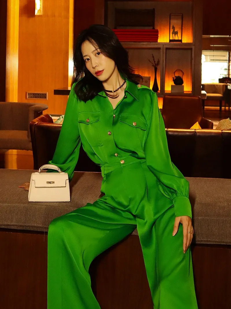 Bright Green gorgeous long sleeve with satin jumpsuit- Dilia