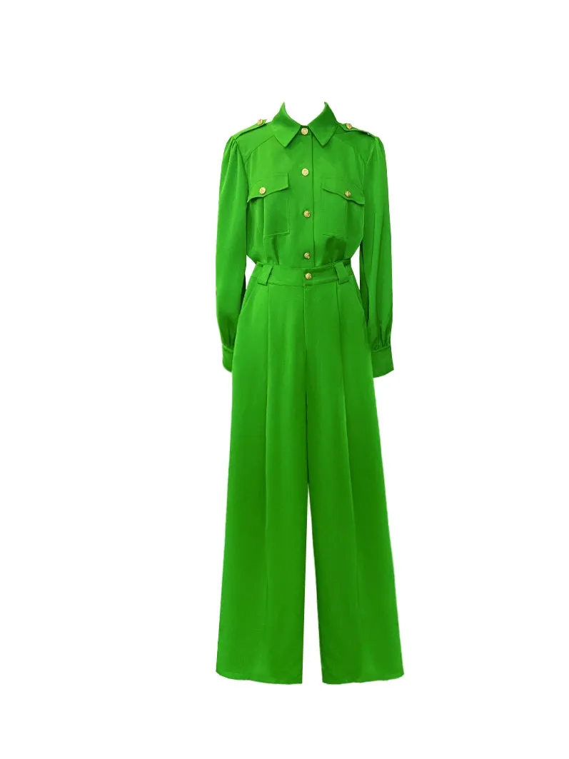 Bright Green gorgeous long sleeve with satin jumpsuit- Dilia