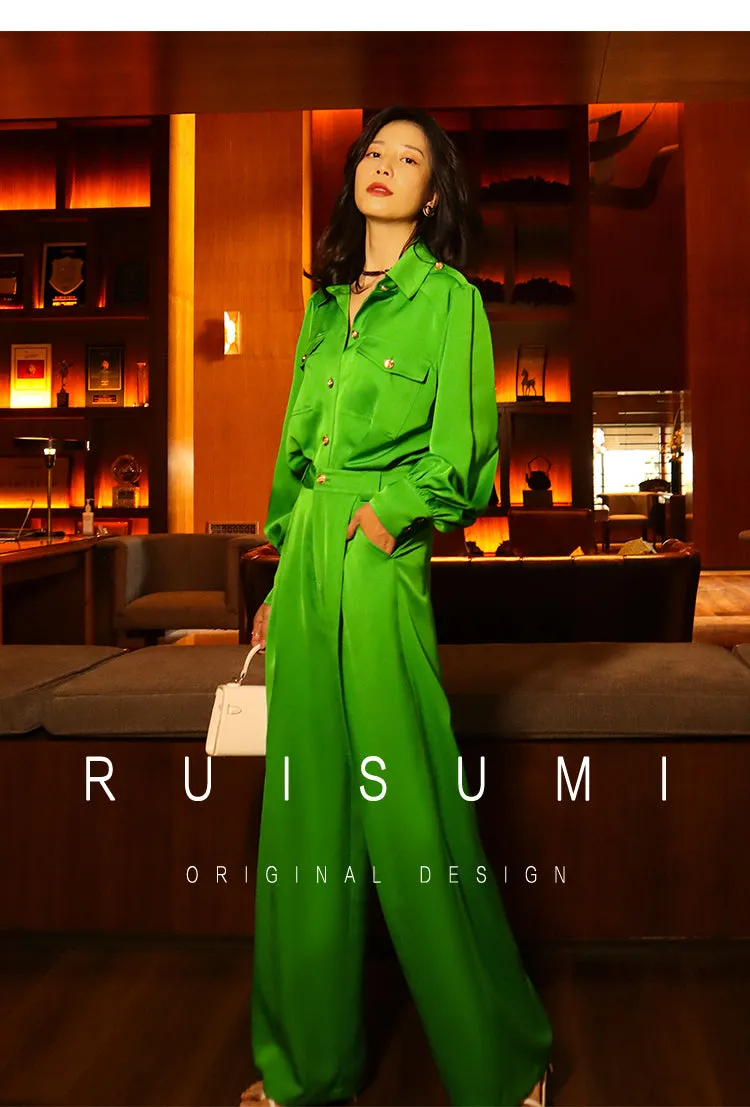 Bright Green gorgeous long sleeve with satin jumpsuit- Dilia