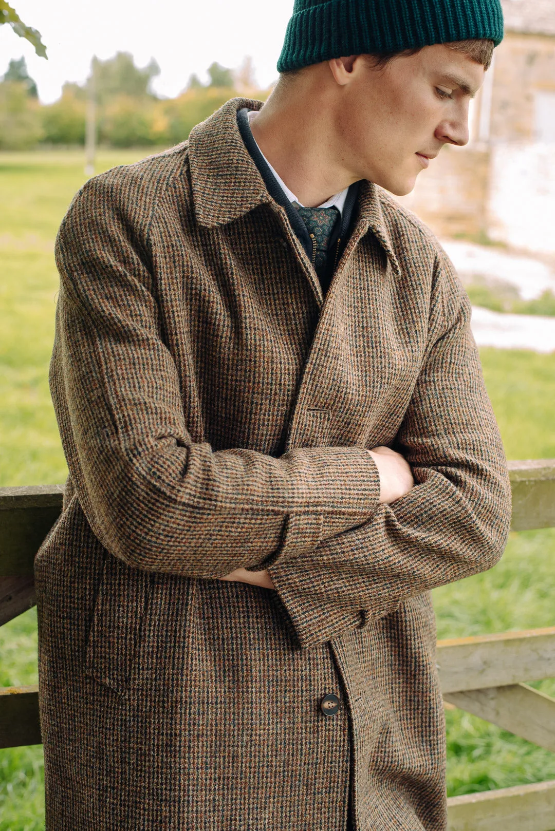 Brown Harris Tweed Wool Raglan Overcoat